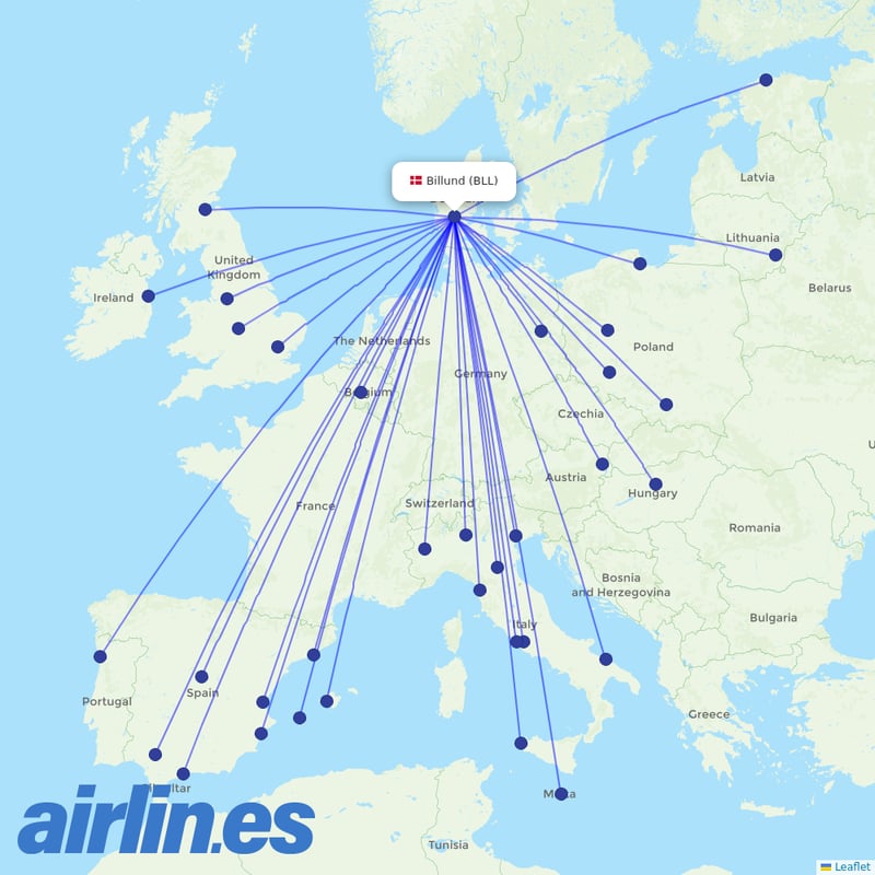 Ryanair from Billund Airport destination map