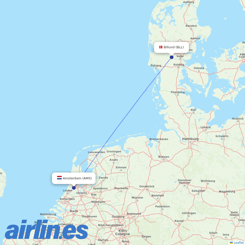 KLM from Billund Airport destination map