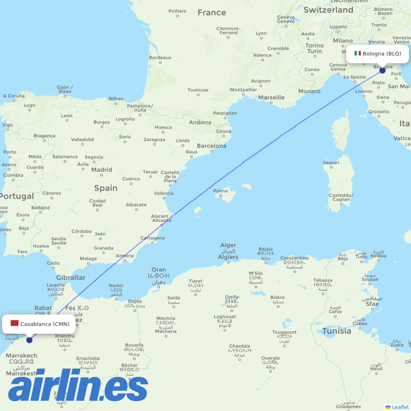 Air Arabia Maroc from Bologna Guglielmo Marconi Airport destination map