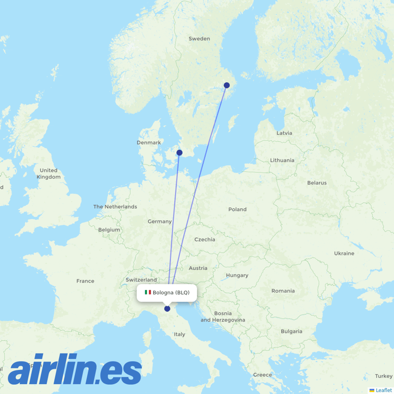 Scandinavian Airlines from Bologna Guglielmo Marconi Airport destination map