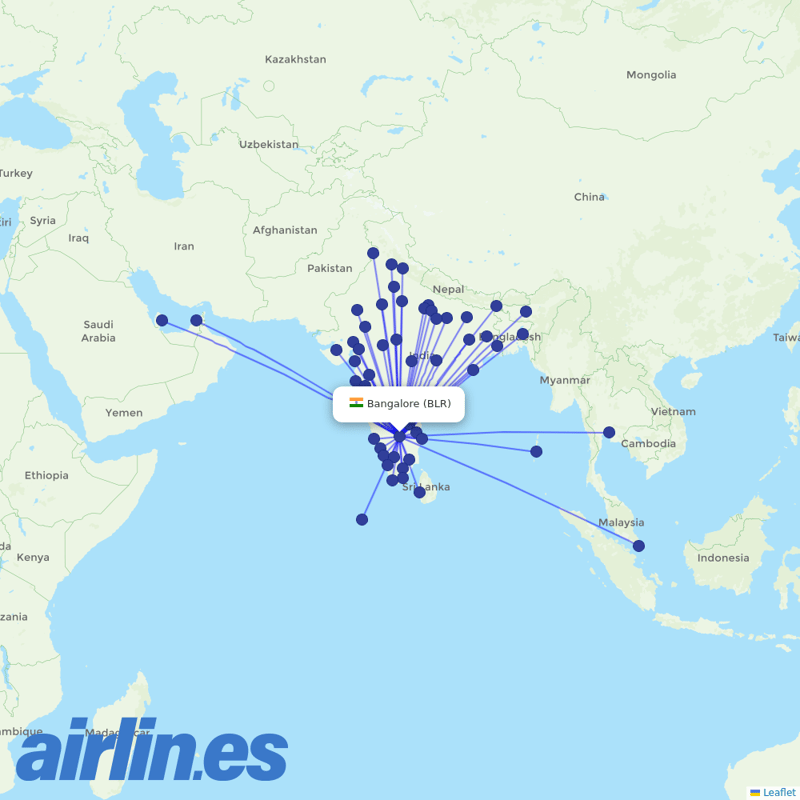 IndiGo from Kempegowda International Airport destination map