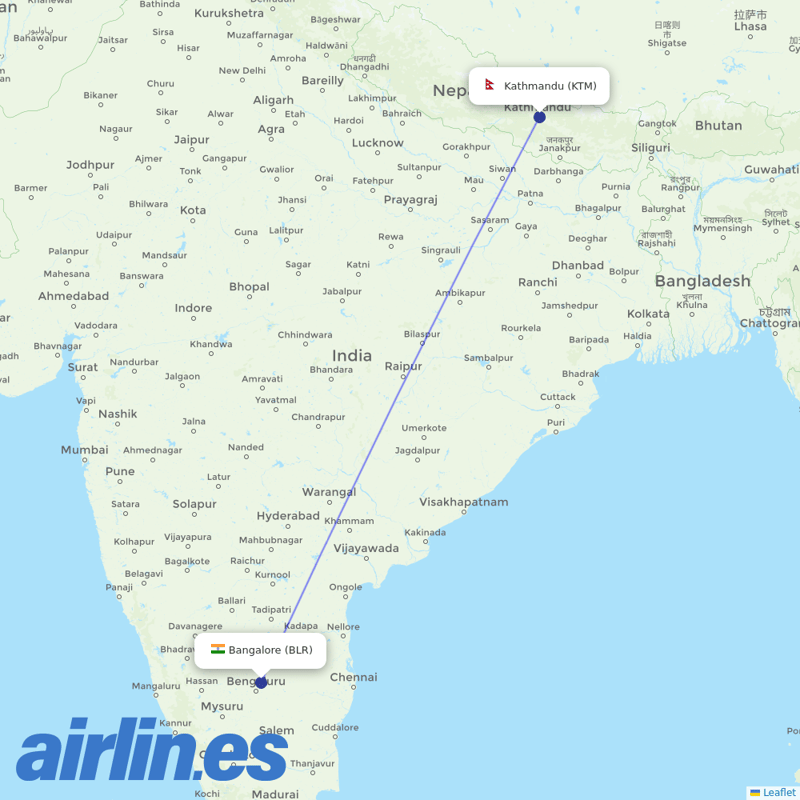 Nepal Airlines from Kempegowda International Airport destination map
