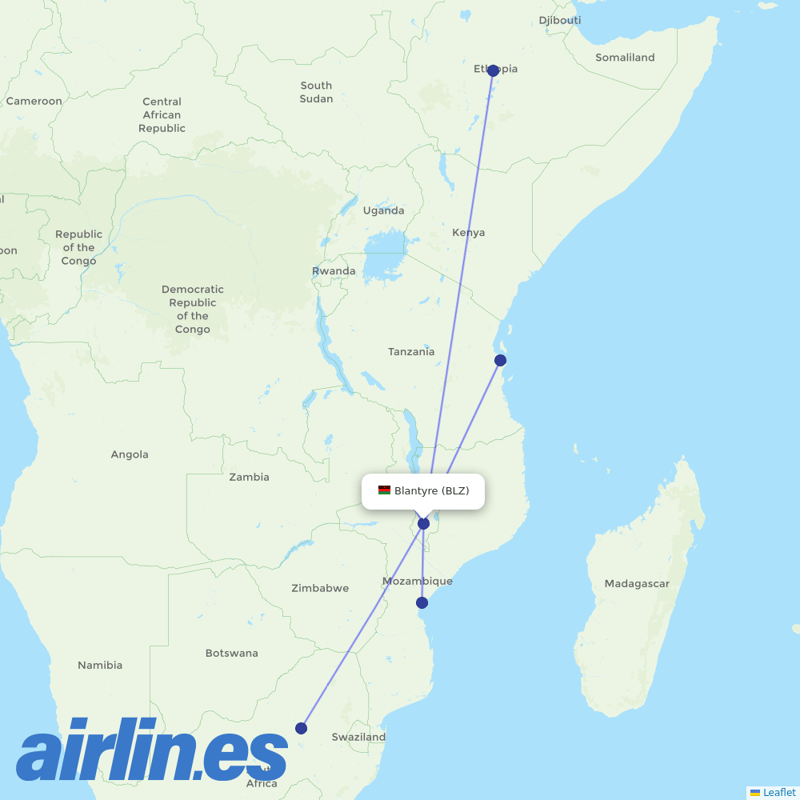 Ethiopian Airlines from Chileka International destination map