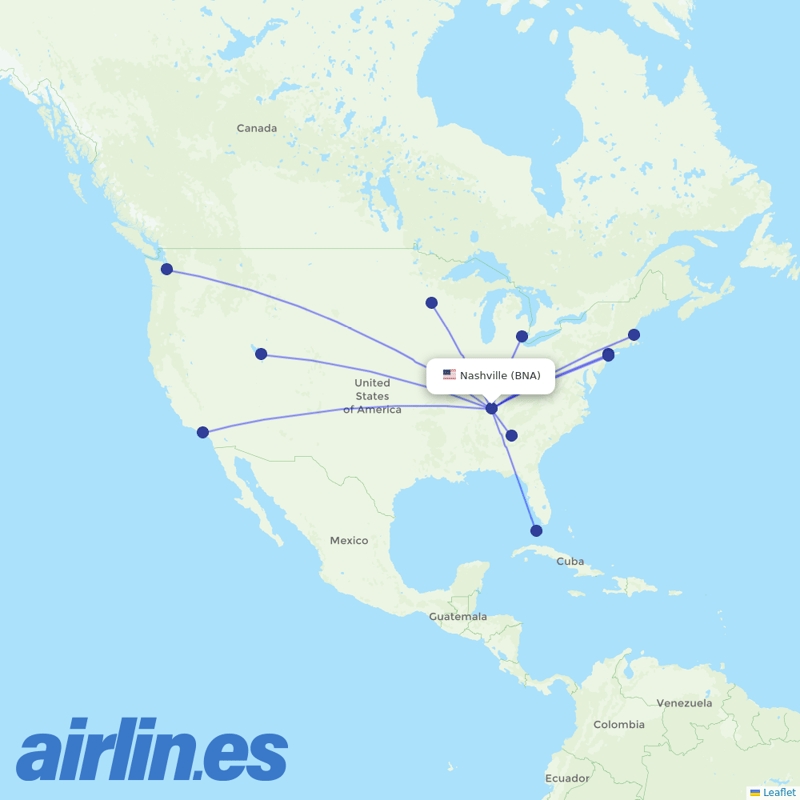 Delta Air Lines from Nashville International destination map