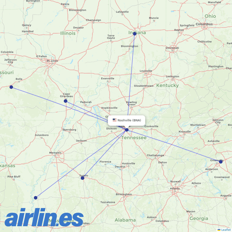 Contour Aviation from Nashville International destination map