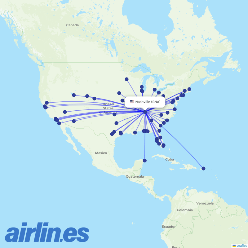 Southwest Airlines from Nashville International destination map