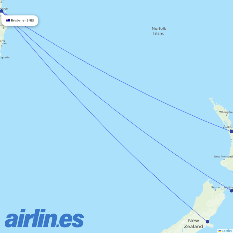Air New Zealand from Brisbane International destination map