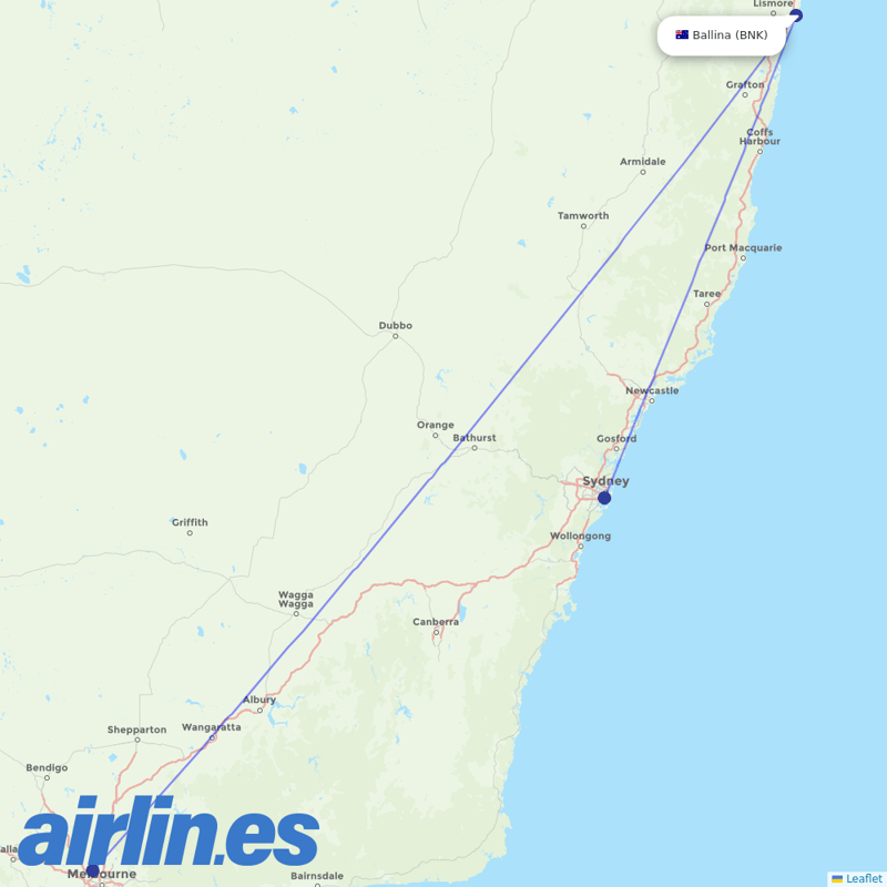 Jetstar from Ballina destination map