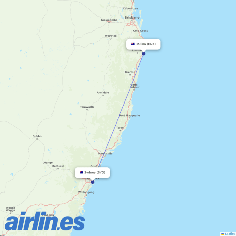 Qantas from Ballina destination map