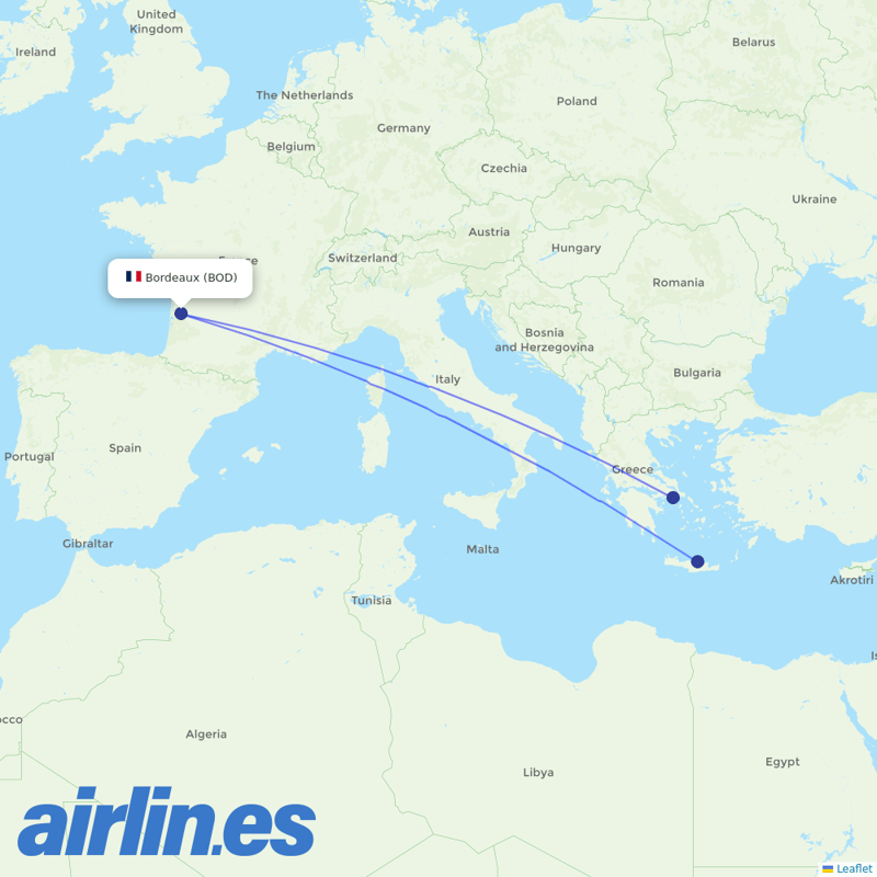 Aegean Airlines from Bordeaux–Mérignac Airport destination map