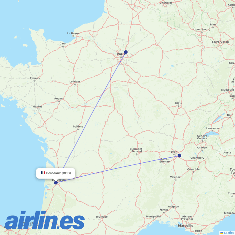Air France from Bordeaux–Mérignac Airport destination map