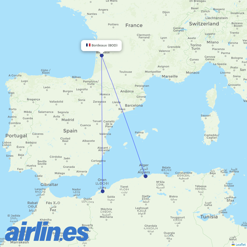 Air Algerie from Bordeaux–Mérignac Airport destination map
