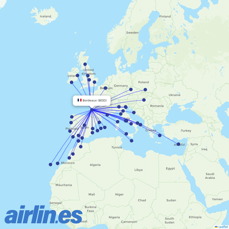 Ryanair from Bordeaux–Mérignac Airport destination map