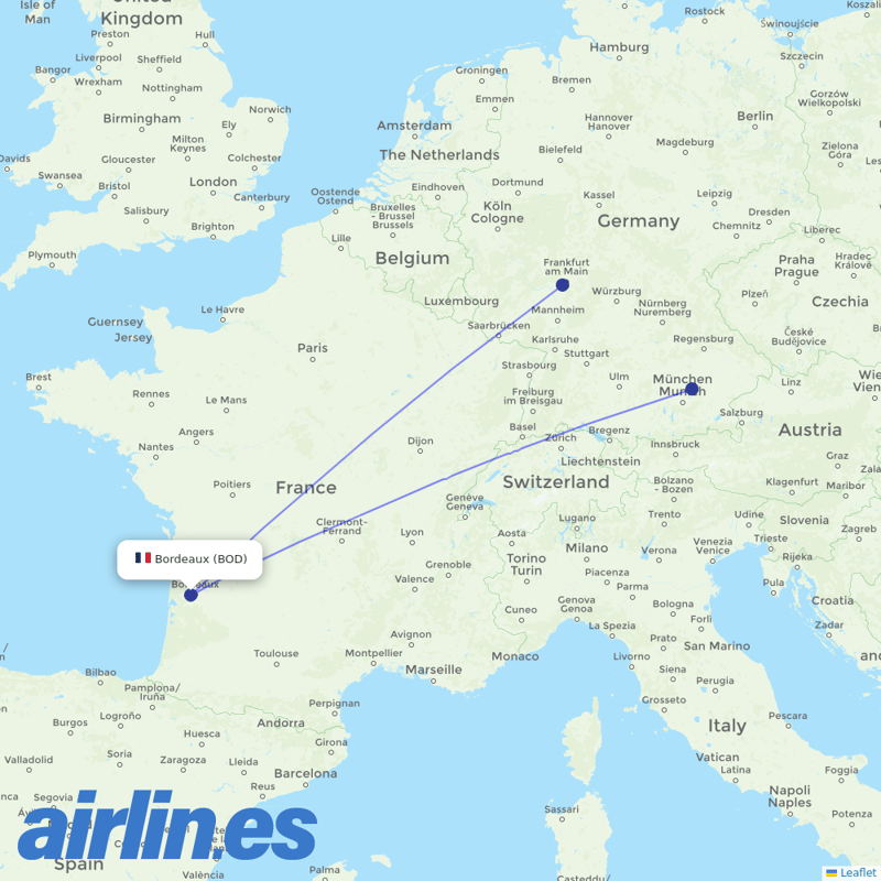 Lufthansa from Bordeaux–Mérignac Airport destination map
