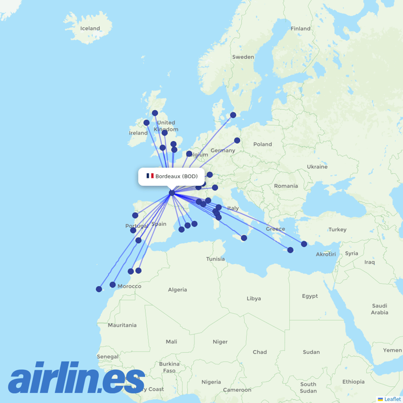 easyJet from Bordeaux–Mérignac Airport destination map