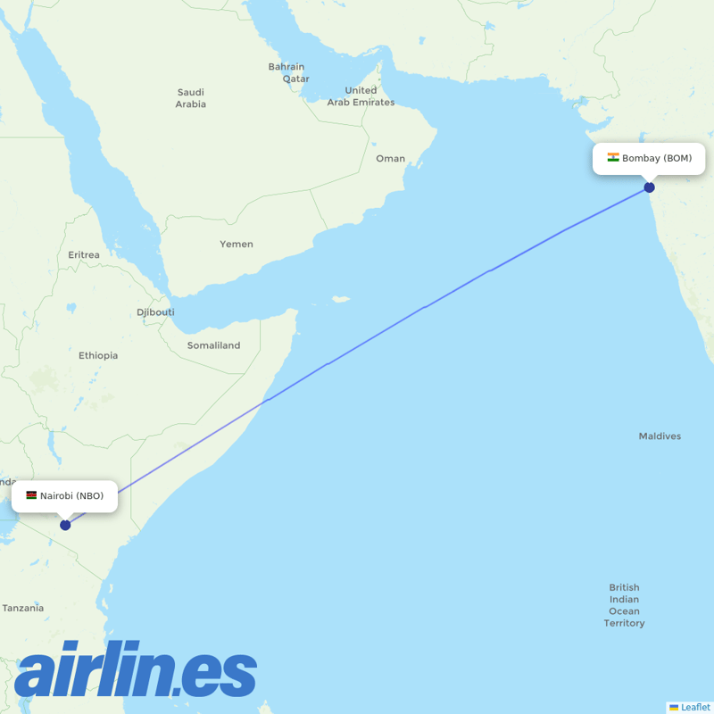 Kenya Airways from Chhatrapati Shivaji Maharaj International Airport destination map