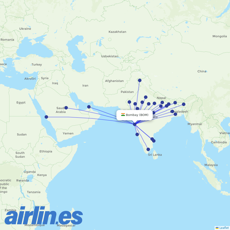 SpiceJet from Chhatrapati Shivaji Maharaj International Airport destination map