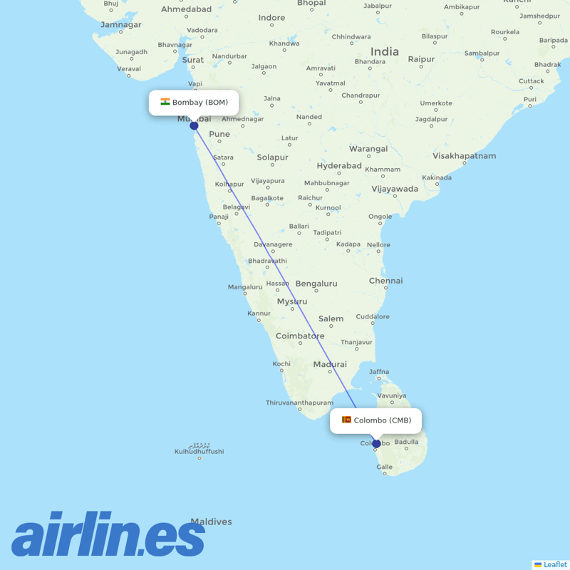 SriLankan Airlines from Chhatrapati Shivaji Maharaj International Airport destination map