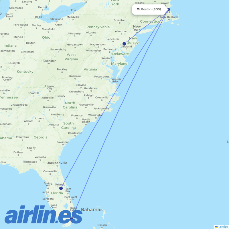 Frontier Airlines from General Edward Lawrence Logan International destination map
