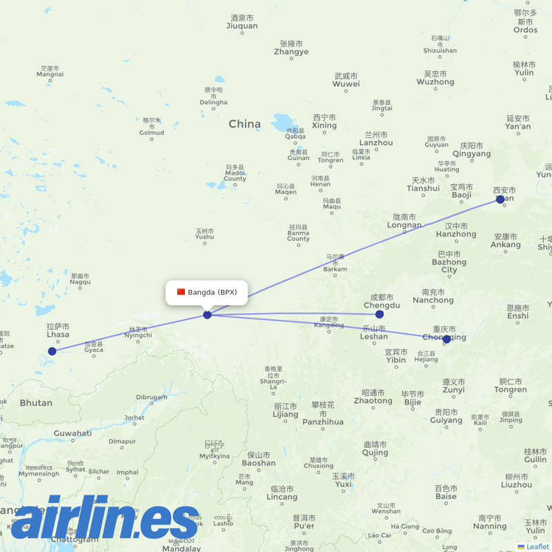 Tibet Airlines from Bangda destination map