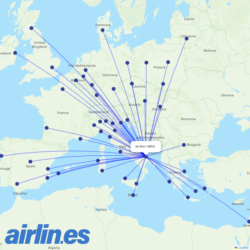 Ryanair from Bari Airport destination map