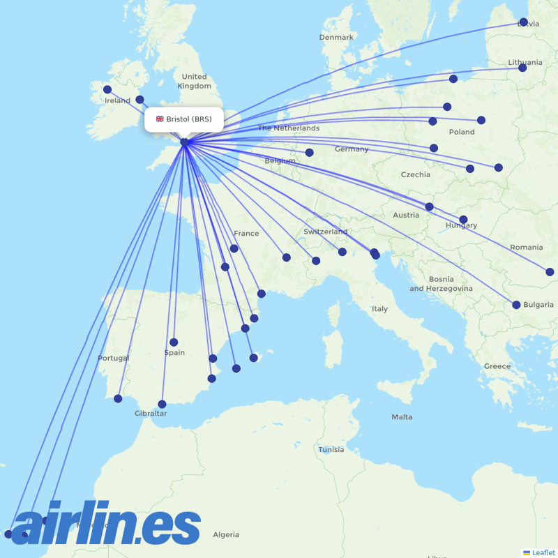 Ryanair from Bristol Airport destination map