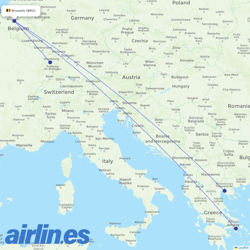 Aegean Airlines from Brussels Airport destination map
