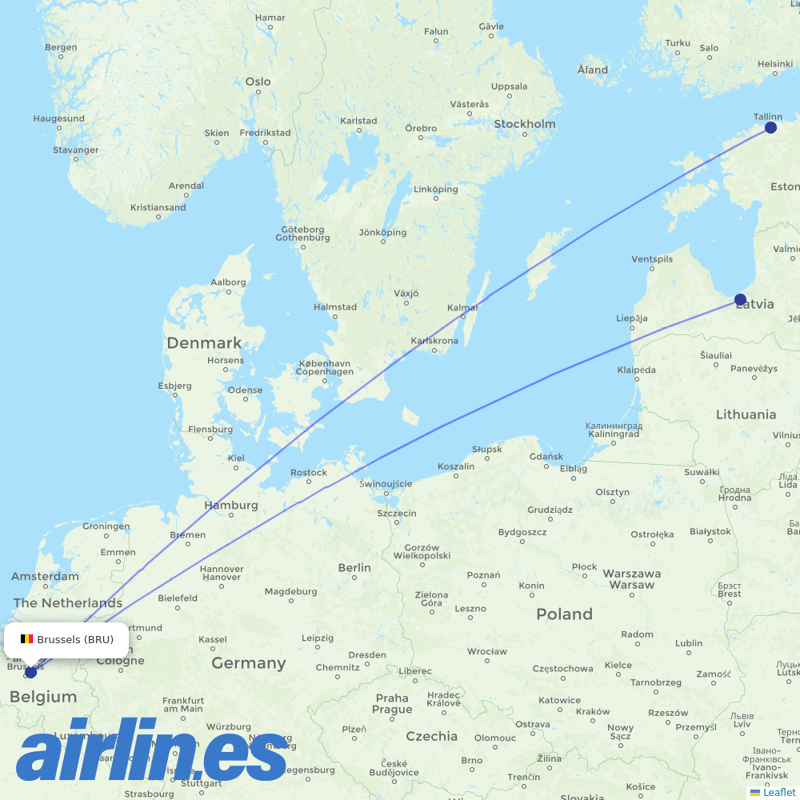 Air Baltic from Brussels Airport destination map