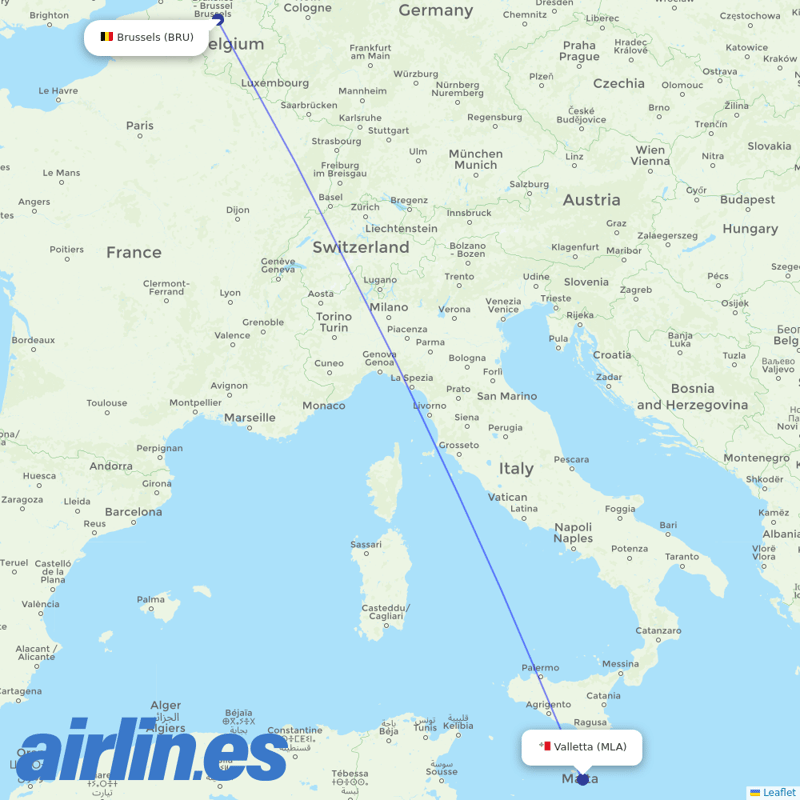 Air Malta from Brussels Airport destination map