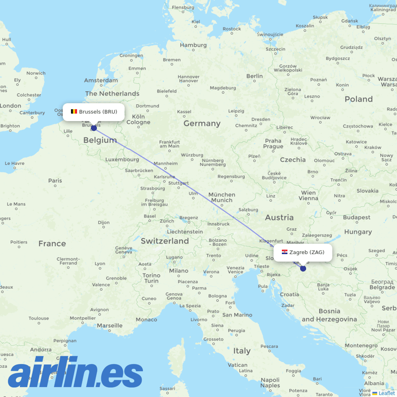 Croatia Airlines from Brussels Airport destination map