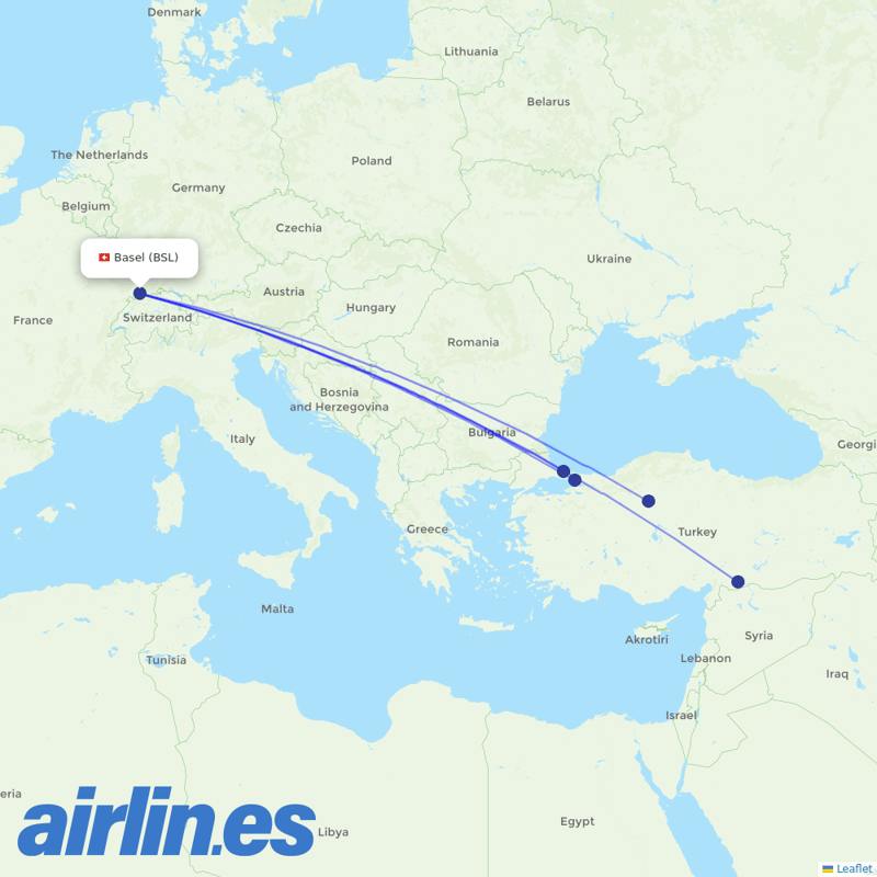 Turkish Airlines from EuroAirport Basel Mulhouse Freiburg destination map
