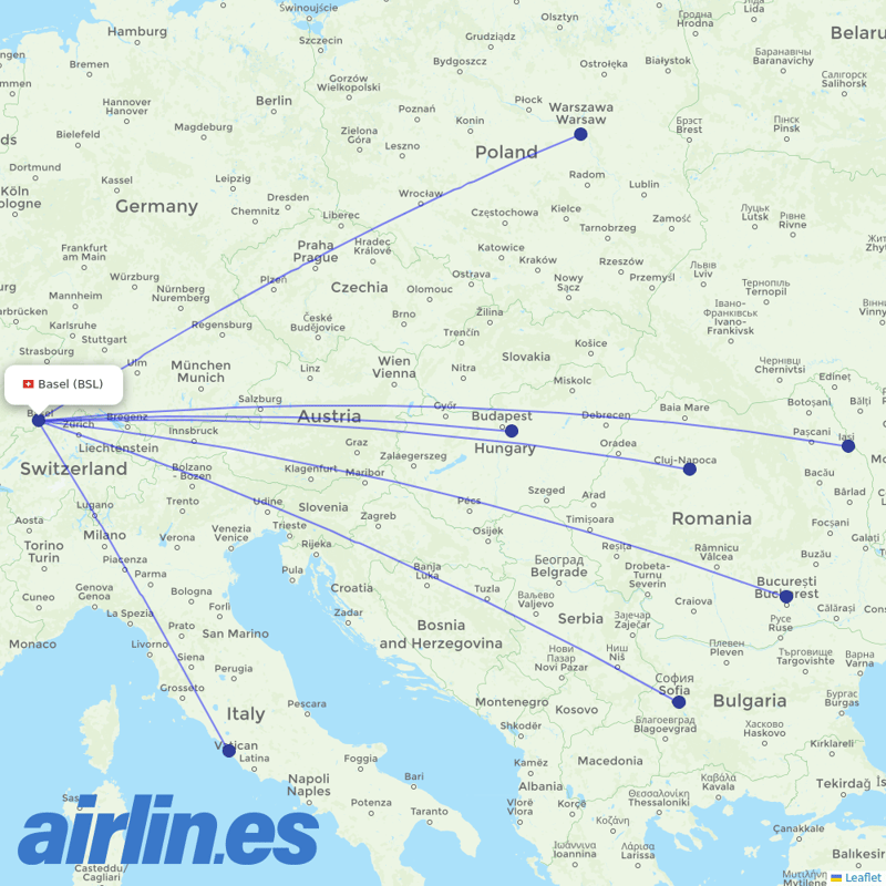 Wizz Air from EuroAirport Basel Mulhouse Freiburg destination map
