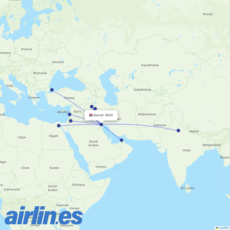Iraqi Airways from Basrah International destination map