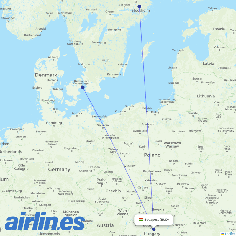 Norwegian Air Intl from Budapest Ferenc Liszt International Airport destination map