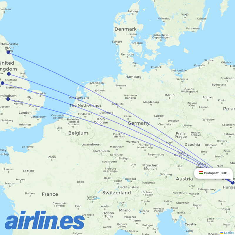 Jet2 from Budapest Ferenc Liszt International Airport destination map