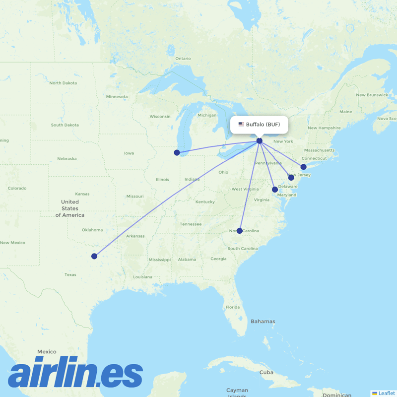 American Airlines from Buffalo Niagara International destination map