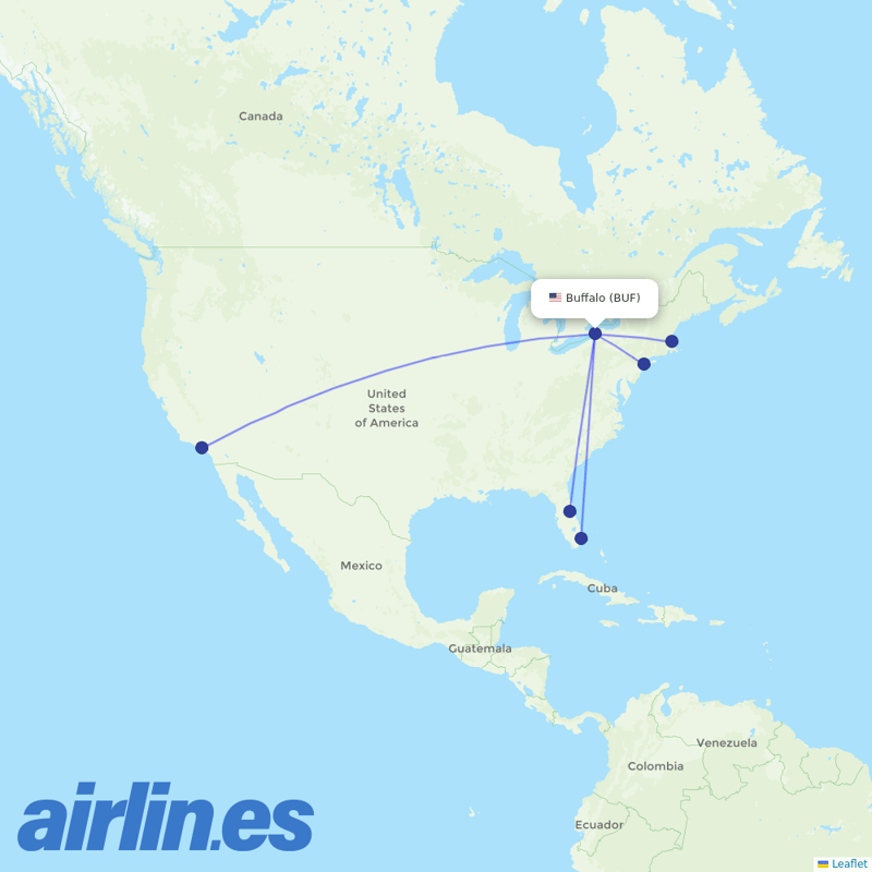 JetBlue Airways from Buffalo Niagara International destination map