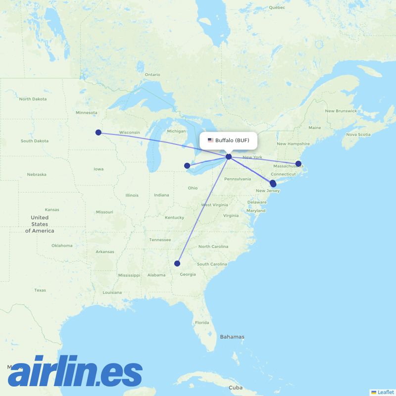 Delta Air Lines from Buffalo Niagara International destination map