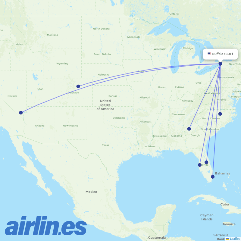 Frontier Airlines from Buffalo Niagara International destination map