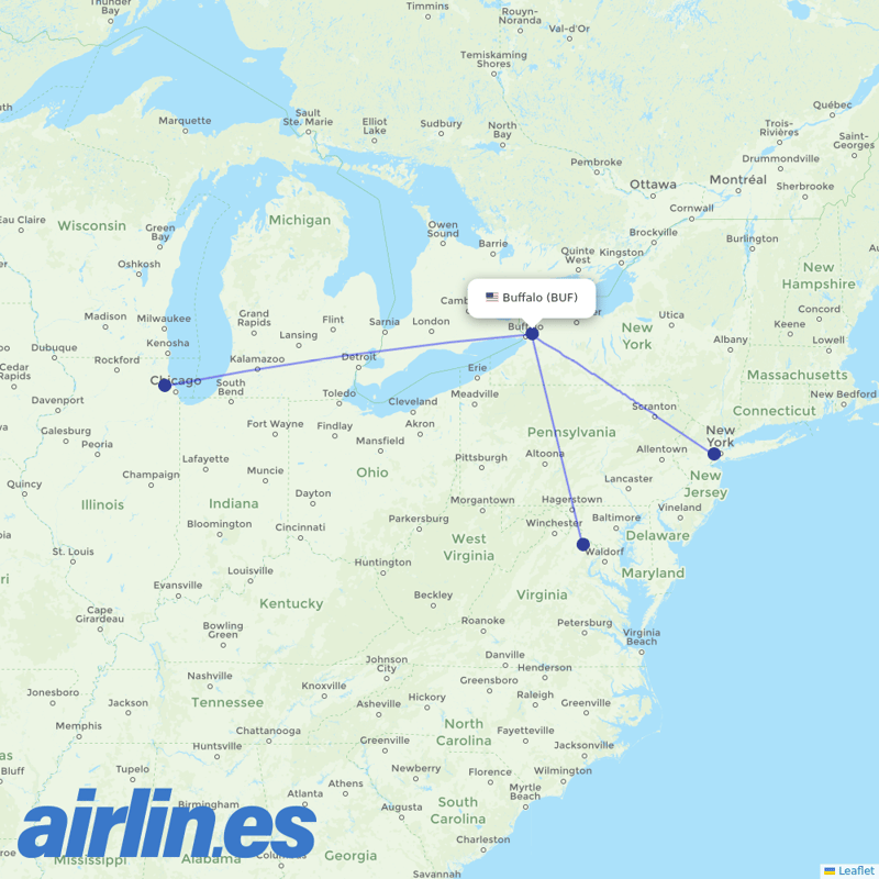 United Airlines from Buffalo Niagara International destination map