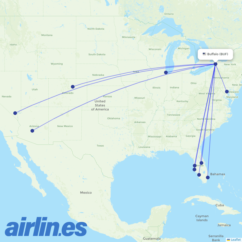 Southwest Airlines from Buffalo Niagara International destination map