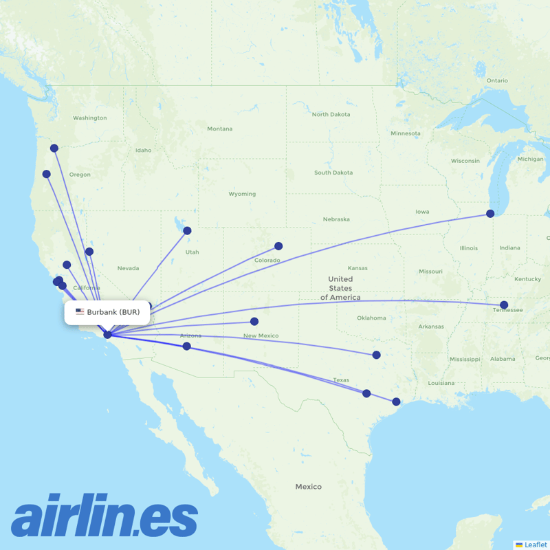 Southwest Airlines from Burbank Glendale Pasadena destination map