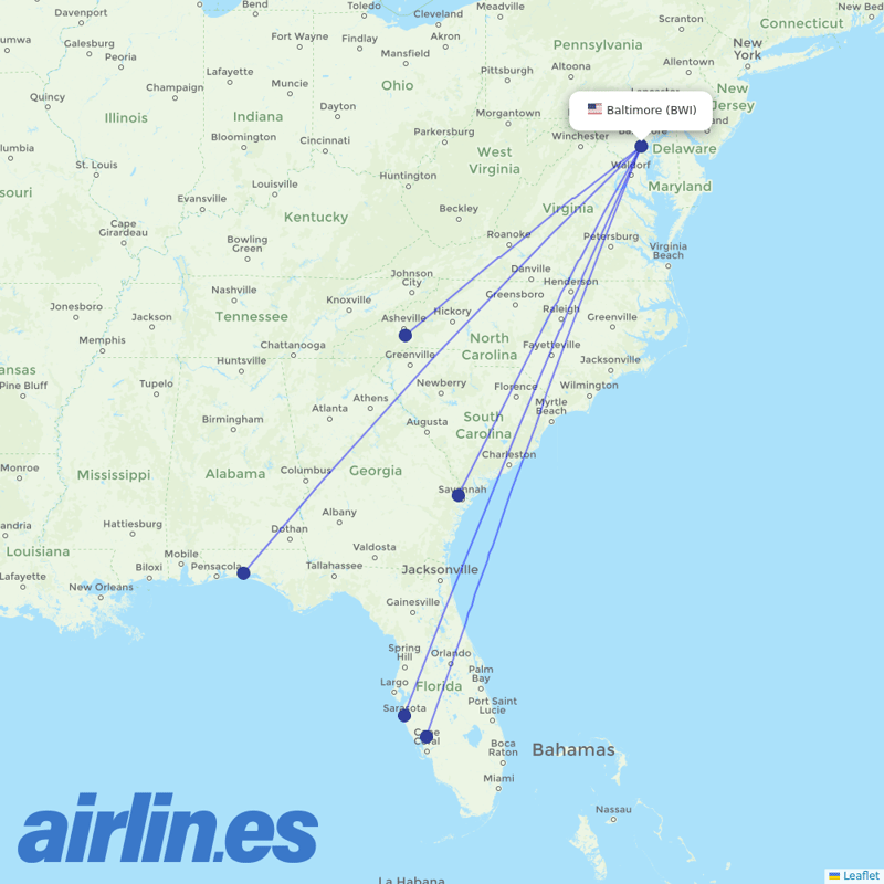 Allegiant Air from Baltimore Washington International destination map