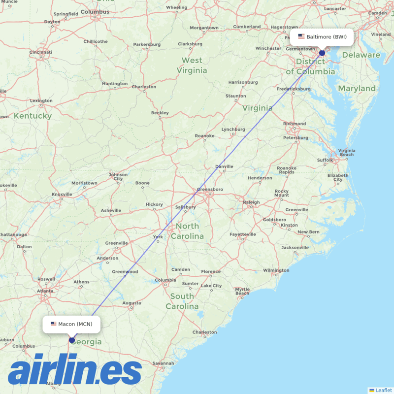Contour Aviation from Baltimore Washington International destination map