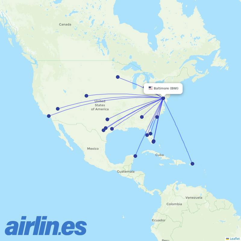 Spirit Airlines from Baltimore Washington International destination map