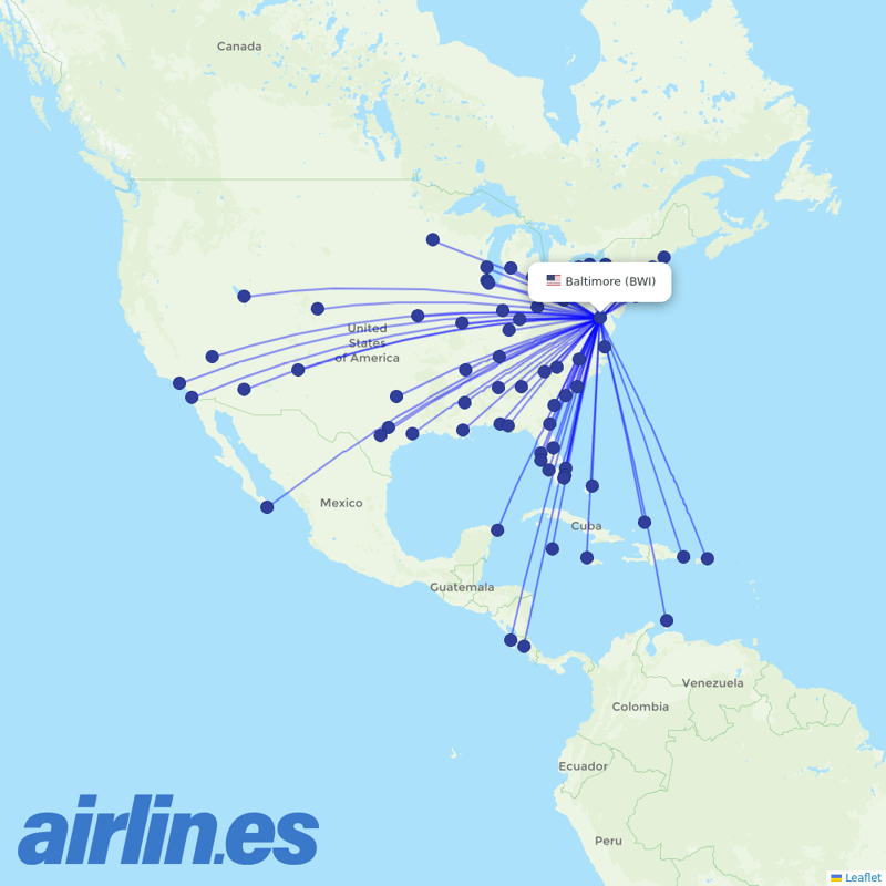 Southwest Airlines from Baltimore Washington International destination map
