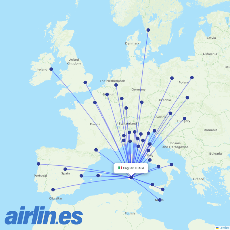 Ryanair from Cagliari Elmas Airport destination map