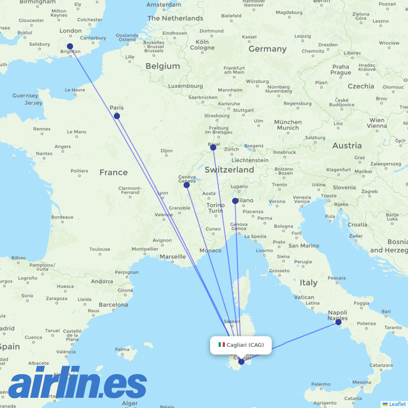 easyJet from Cagliari Elmas Airport destination map