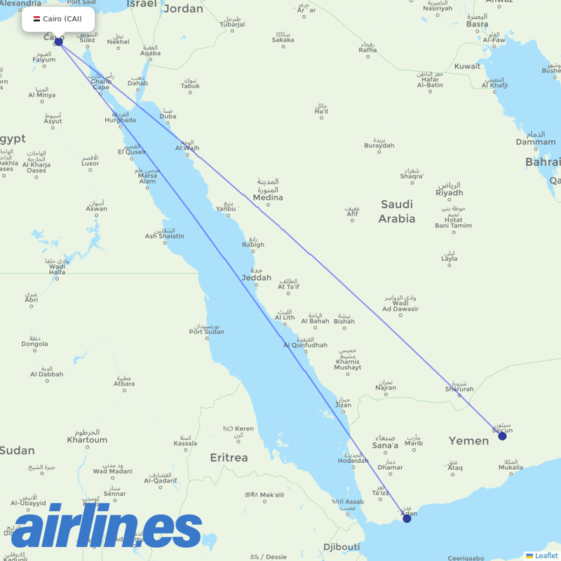 Yemenia from Cairo International Airport destination map