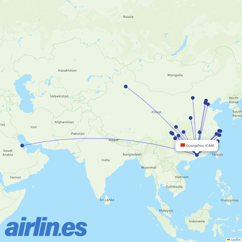 Air China from Guangzhou Baiyun International Airport destination map